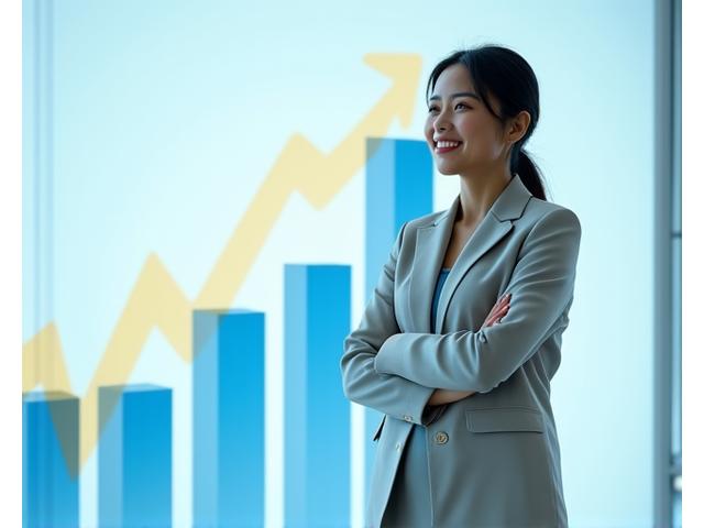 A confident woman stands in front of an ascending financial graph, symbolizing growth and positive decision-making.
